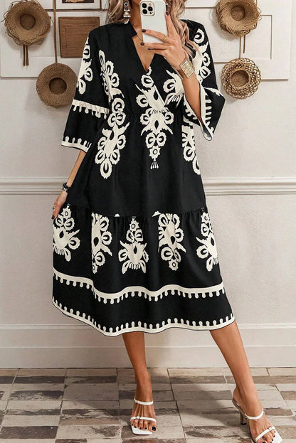 Black Western Geometric Print 3/4 Sleeve Loose Midi Dress - MarkoFit