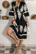 Black Western Geometric Print 3/4 Sleeve Loose Midi Dress - MarkoFit