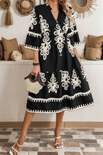 Black Western Geometric Print 3/4 Sleeve Loose Midi Dress - MarkoFit