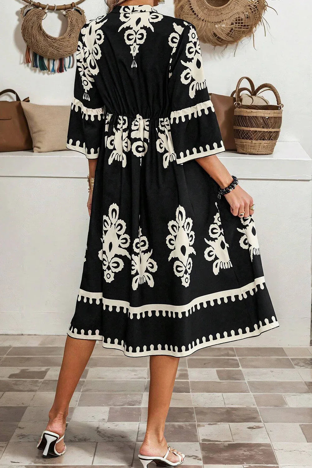 Black Western Geometric Print 3/4 Sleeve Loose Midi Dress - MarkoFit