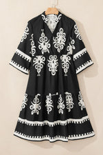 Black Western Geometric Print 3/4 Sleeve Loose Midi Dress - MarkoFit