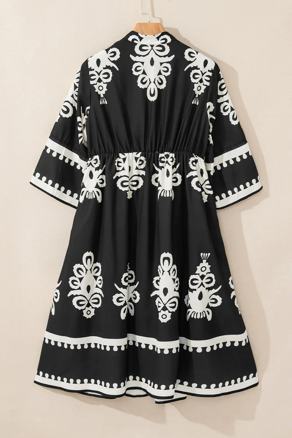 Black Western Geometric Print 3/4 Sleeve Loose Midi Dress - MarkoFit