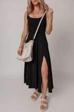 Black Sleeveless Scoop Neck Flared Split Midi Dress - MarkoFit