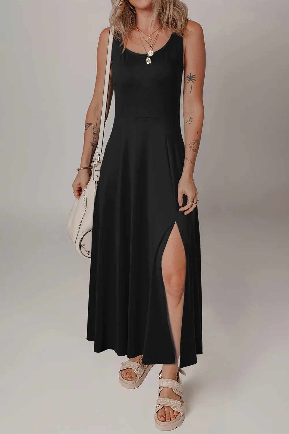 Black Sleeveless Scoop Neck Flared Split Midi Dress - MarkoFit