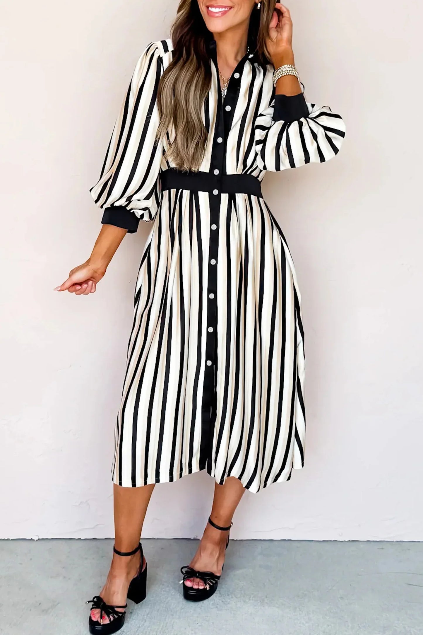 Black Stripe 3/4 Puff Sleeve Shirt Style Button Down Midi Dress - MarkoFit
