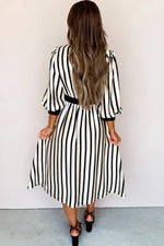 Black Stripe 3/4 Puff Sleeve Shirt Style Button Down Midi Dress - MarkoFit