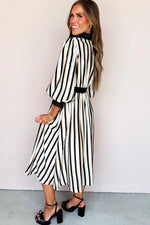Black Stripe 3/4 Puff Sleeve Shirt Style Button Down Midi Dress - MarkoFit