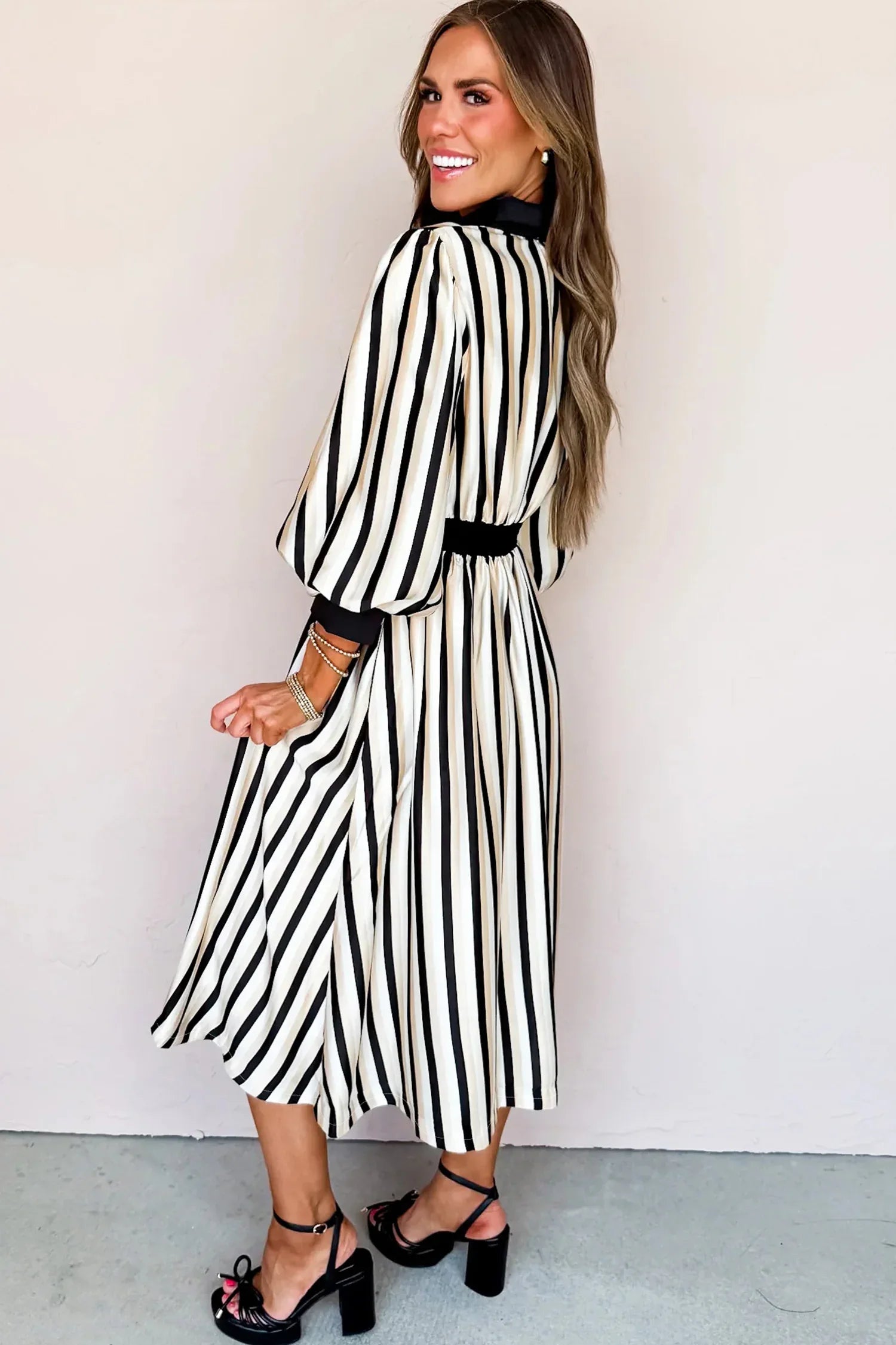 Black Stripe 3/4 Puff Sleeve Shirt Style Button Down Midi Dress - MarkoFit