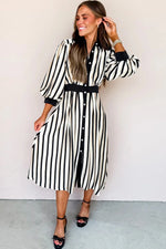 Black Stripe 3/4 Puff Sleeve Shirt Style Button Down Midi Dress - MarkoFit