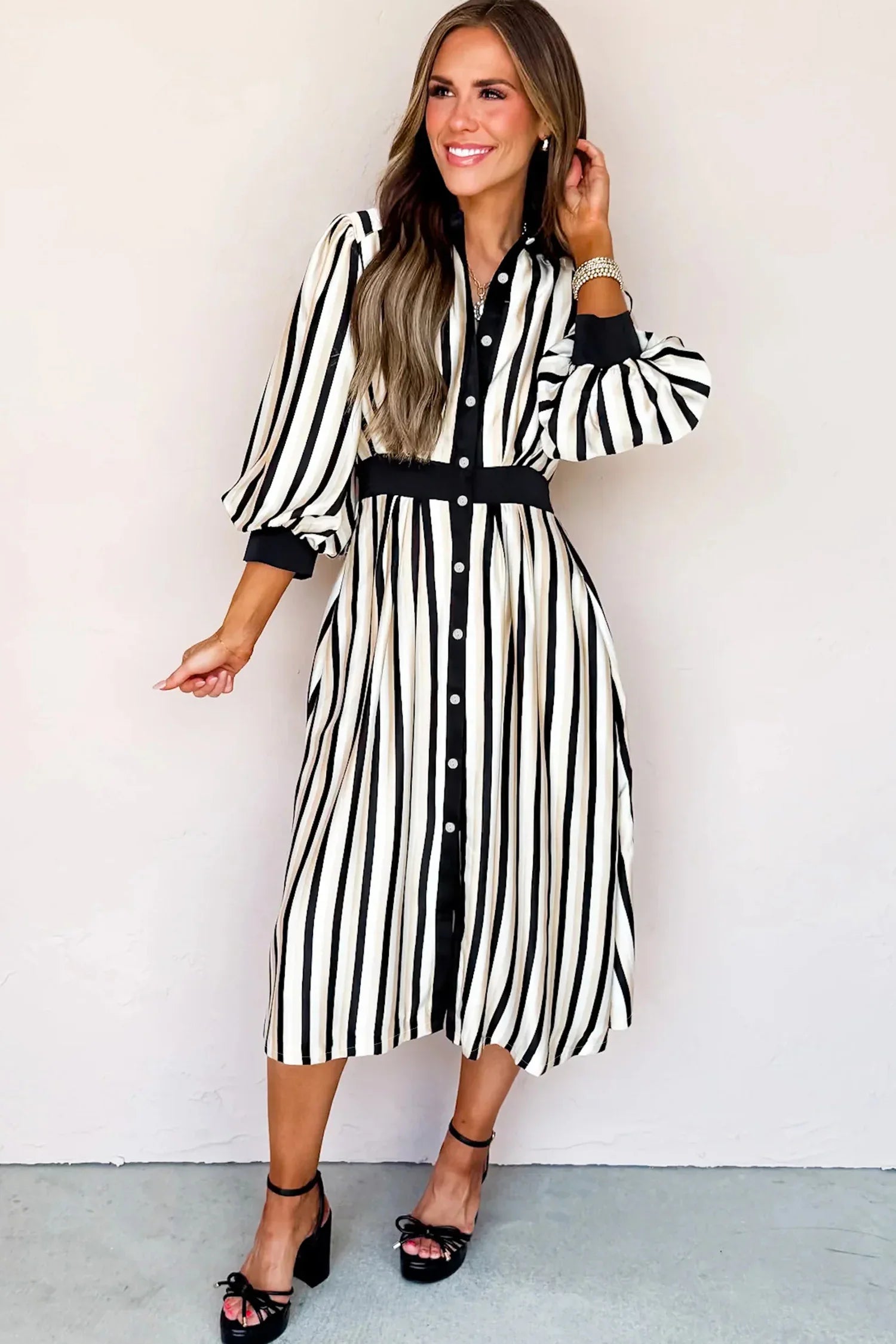 Black Stripe 3/4 Puff Sleeve Shirt Style Button Down Midi Dress - MarkoFit