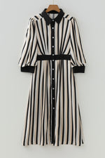 Black Stripe 3/4 Puff Sleeve Shirt Style Button Down Midi Dress - MarkoFit