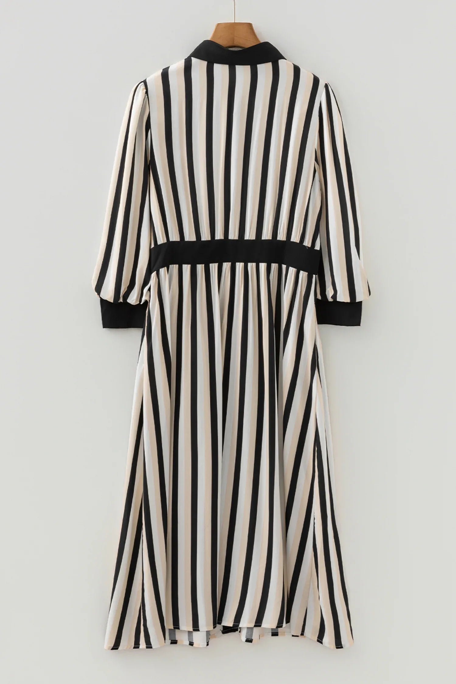 Black Stripe 3/4 Puff Sleeve Shirt Style Button Down Midi Dress - MarkoFit
