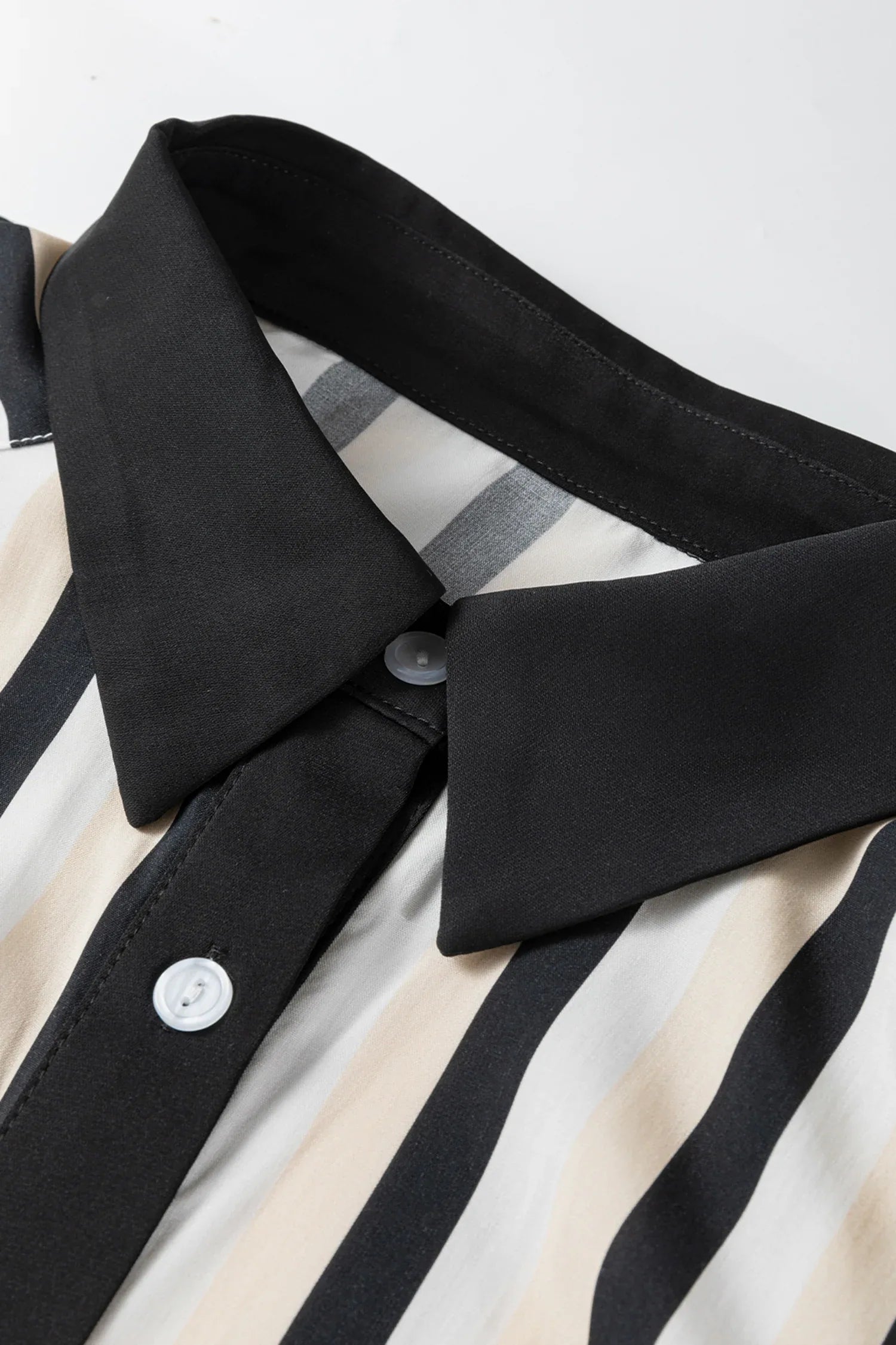 Black Stripe 3/4 Puff Sleeve Shirt Style Button Down Midi Dress - MarkoFit