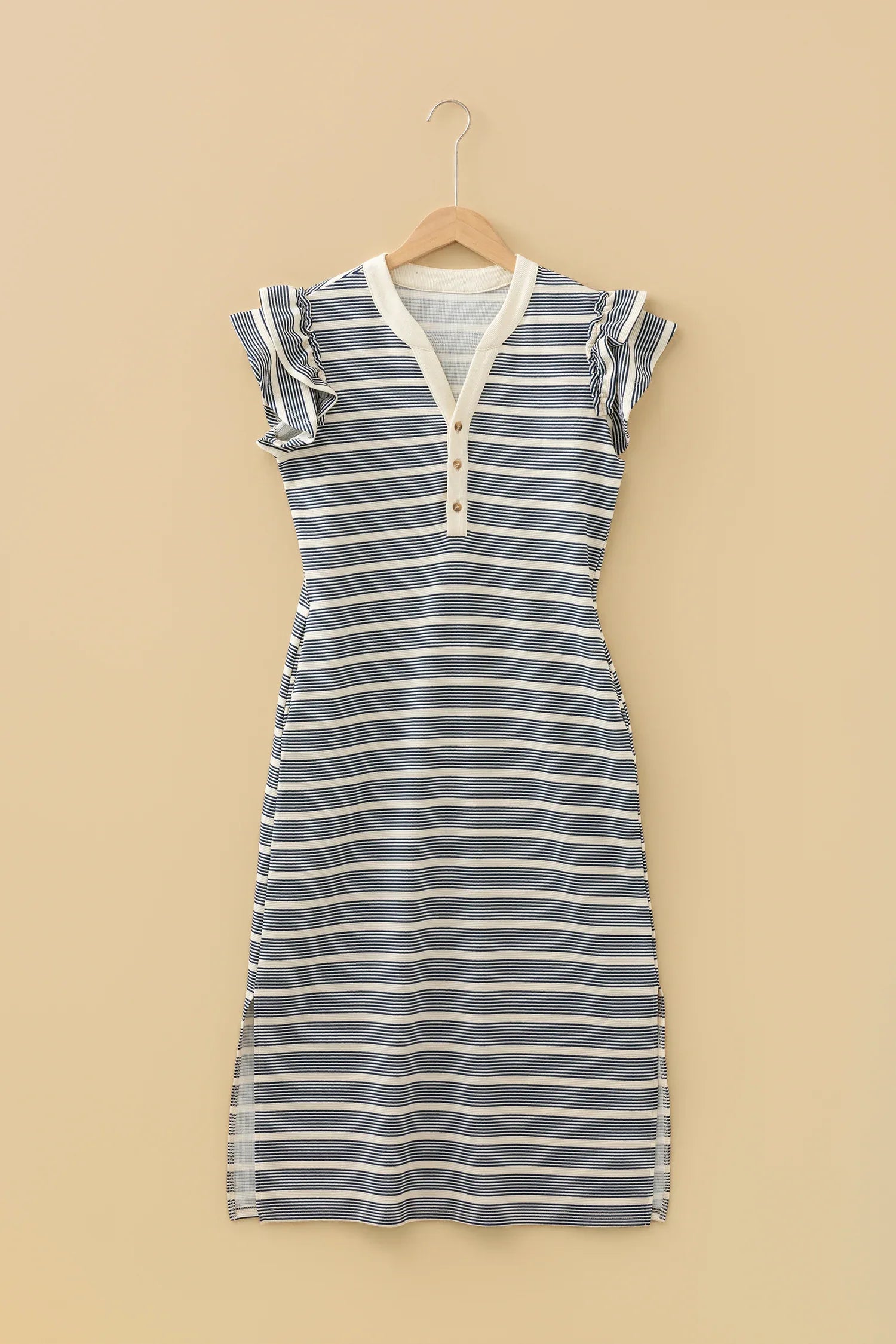 Blue Stripe Ruffled Short Sleeve Contrast Trim Button Notched Neck Midi Dress - MarkoFit