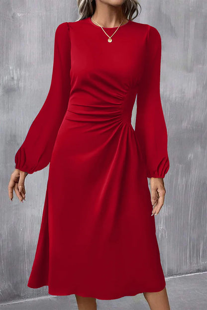 Fiery Red Solid Color Ruched Detail Long Sleeve Midi Dress - MarkoFit