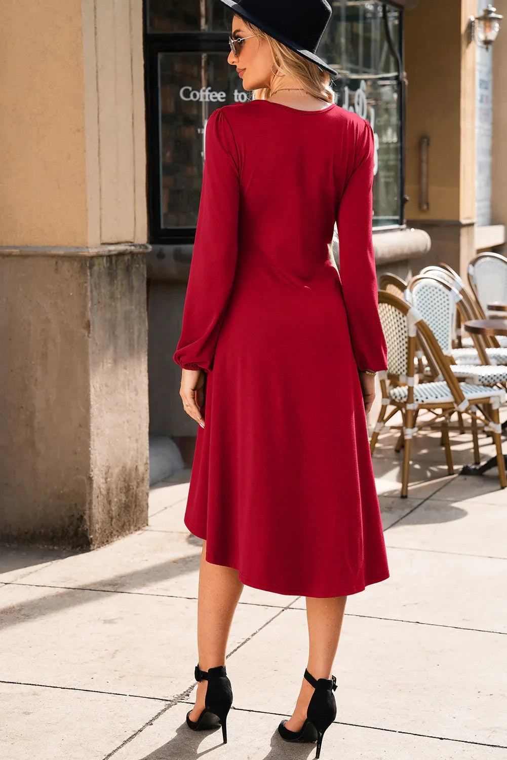 Fiery Red Solid Color Ruched Detail Long Sleeve Midi Dress - MarkoFit