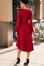 Fiery Red Solid Color Ruched Detail Long Sleeve Midi Dress - MarkoFit