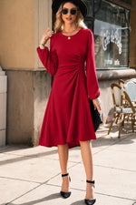 Fiery Red Solid Color Ruched Detail Long Sleeve Midi Dress - MarkoFit