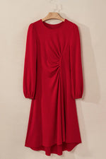 Fiery Red Solid Color Ruched Detail Long Sleeve Midi Dress - MarkoFit