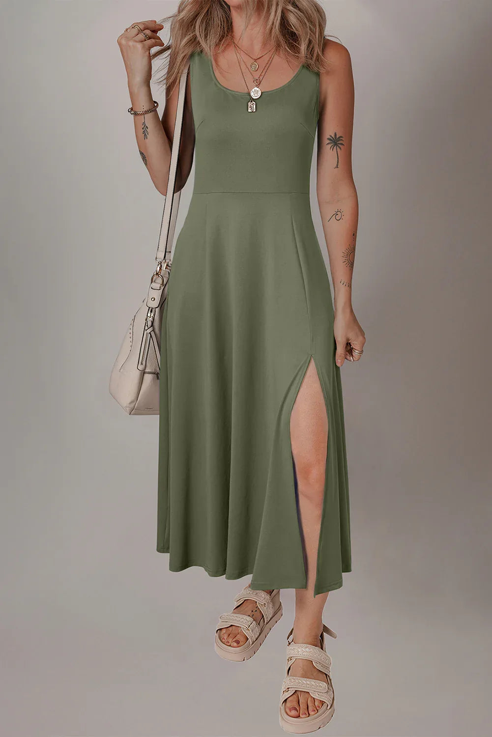 Four Leaf Clover Sleeveless Scoop Neck Flared Split Midi Dress - MarkoFit