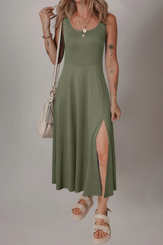 Four Leaf Clover Sleeveless Scoop Neck Flared Split Midi Dress - MarkoFit