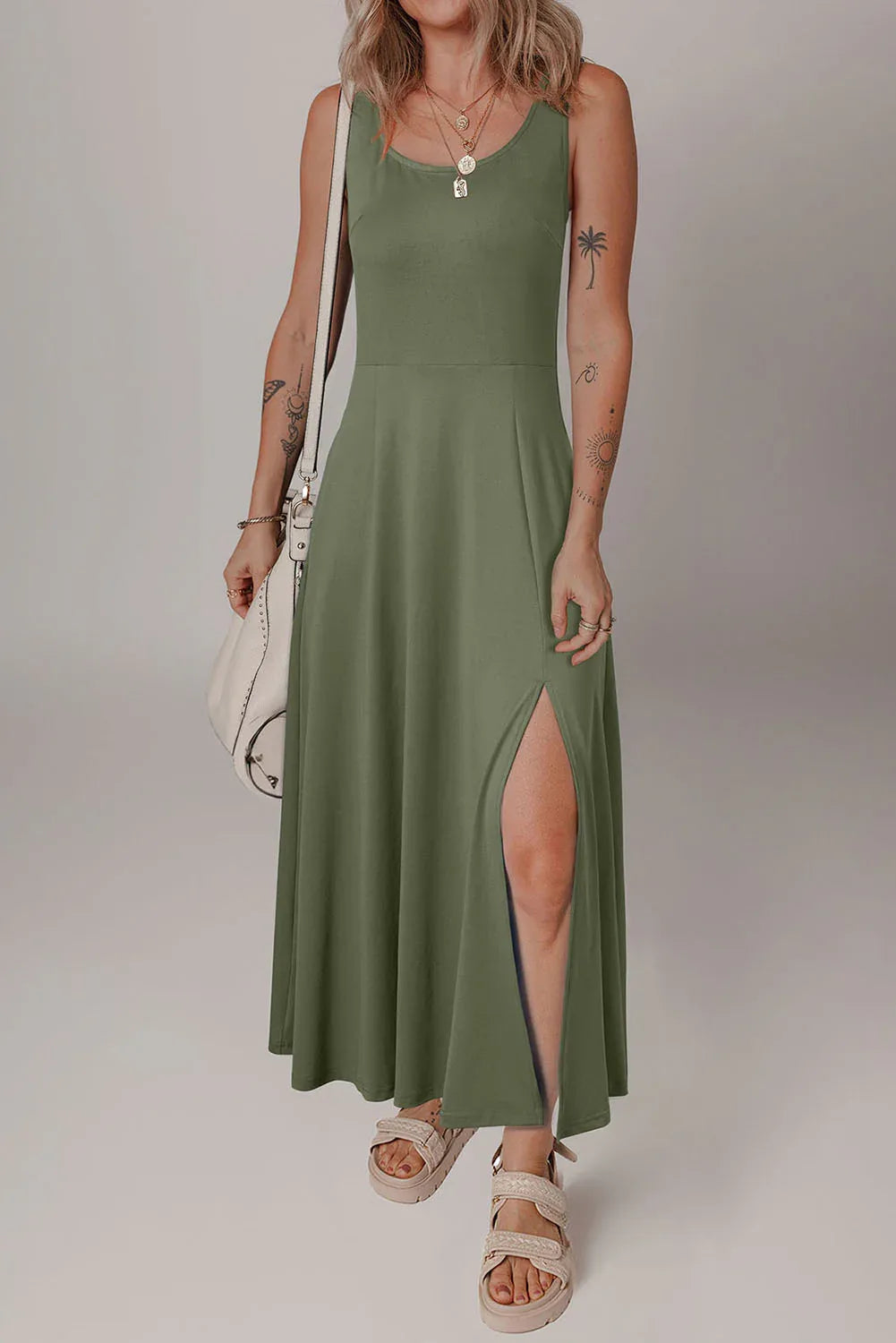 Four Leaf Clover Sleeveless Scoop Neck Flared Split Midi Dress - MarkoFit