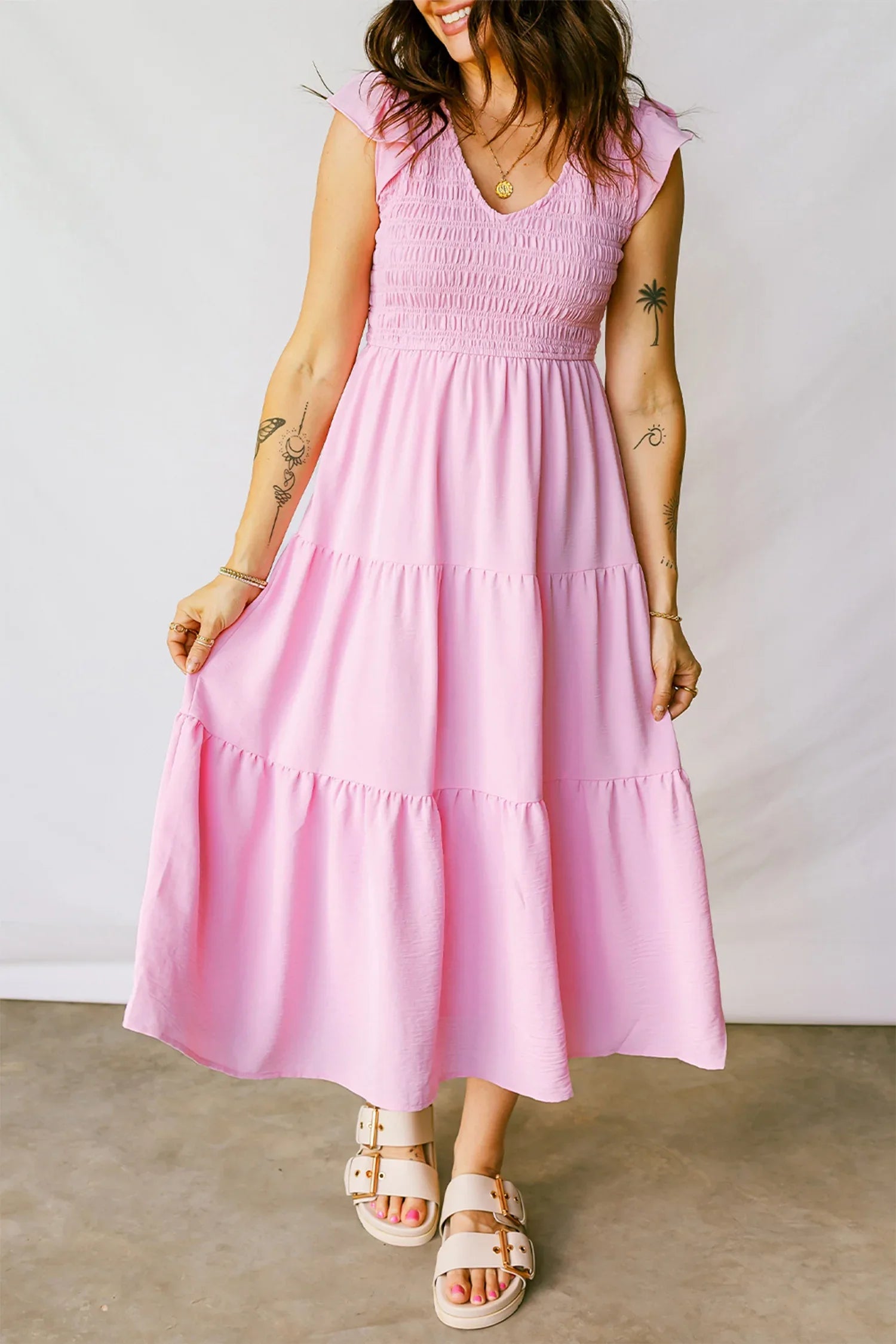 Pink Smocked Bodice Flutter Sleeve Fit Flare Tiered Midi Dress - MarkoFit