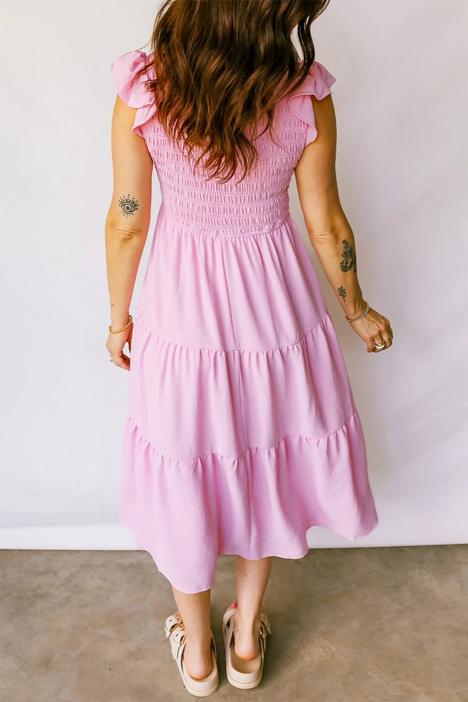 Pink Smocked Bodice Flutter Sleeve Fit Flare Tiered Midi Dress - MarkoFit