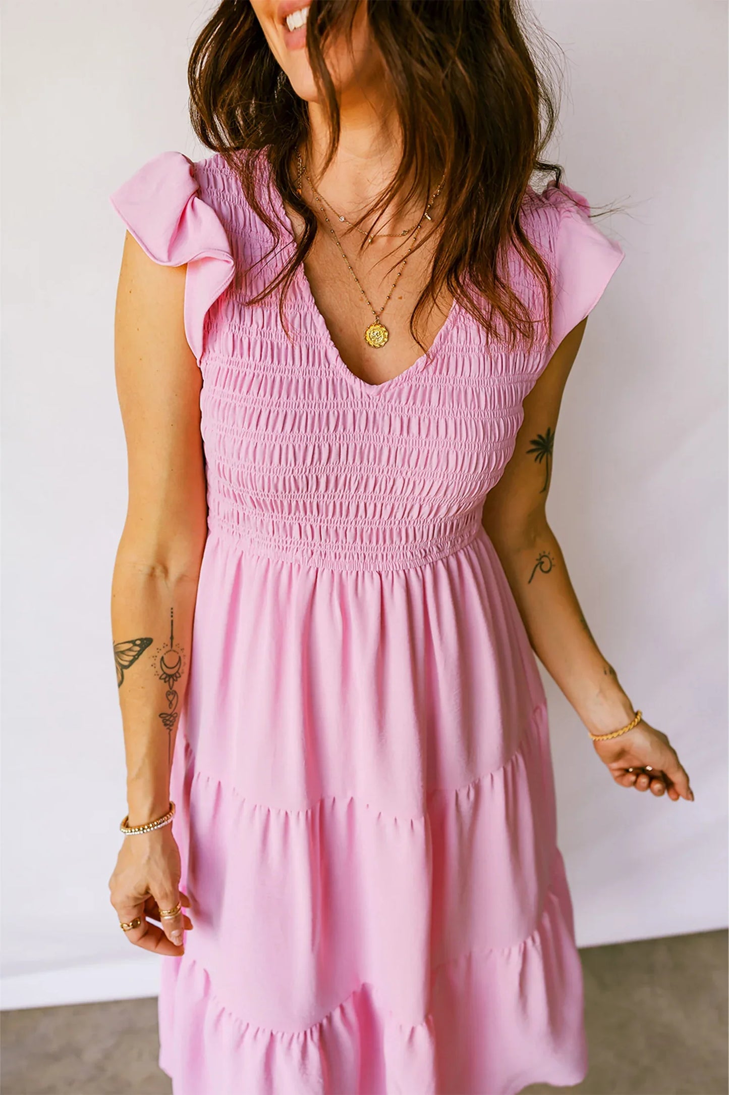 Pink Smocked Bodice Flutter Sleeve Fit Flare Tiered Midi Dress - MarkoFit