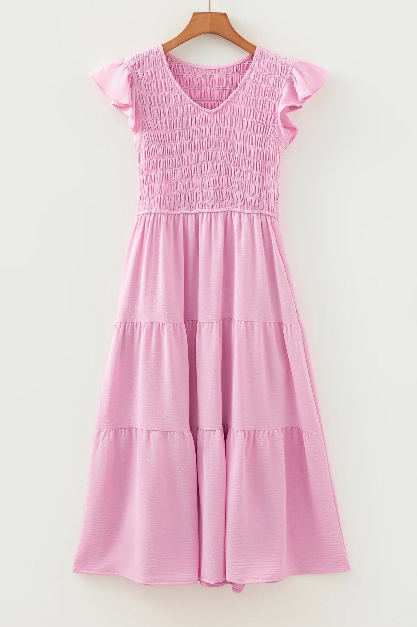 Pink Smocked Bodice Flutter Sleeve Fit Flare Tiered Midi Dress - MarkoFit