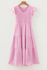 Pink Smocked Bodice Flutter Sleeve Fit Flare Tiered Midi Dress - MarkoFit