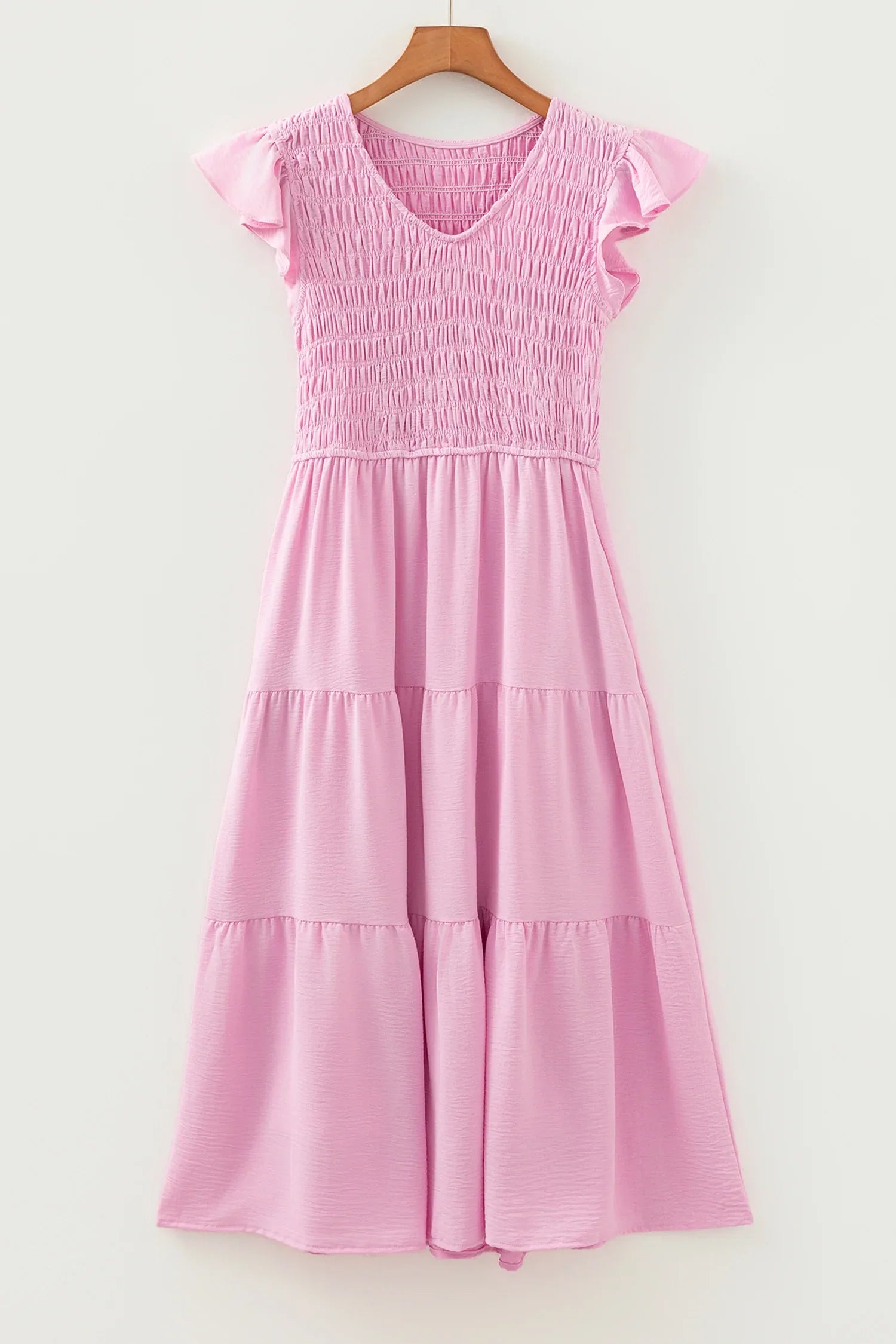 Pink Smocked Bodice Flutter Sleeve Fit Flare Tiered Midi Dress - MarkoFit