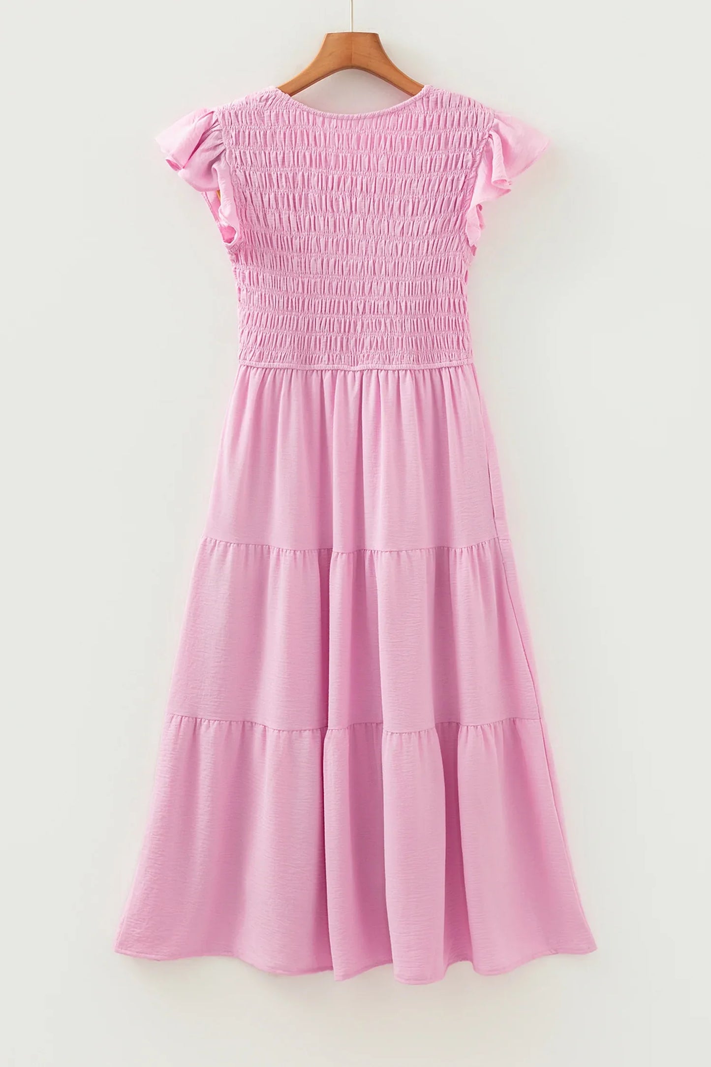 Pink Smocked Bodice Flutter Sleeve Fit Flare Tiered Midi Dress - MarkoFit