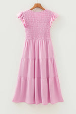 Pink Smocked Bodice Flutter Sleeve Fit Flare Tiered Midi Dress - MarkoFit