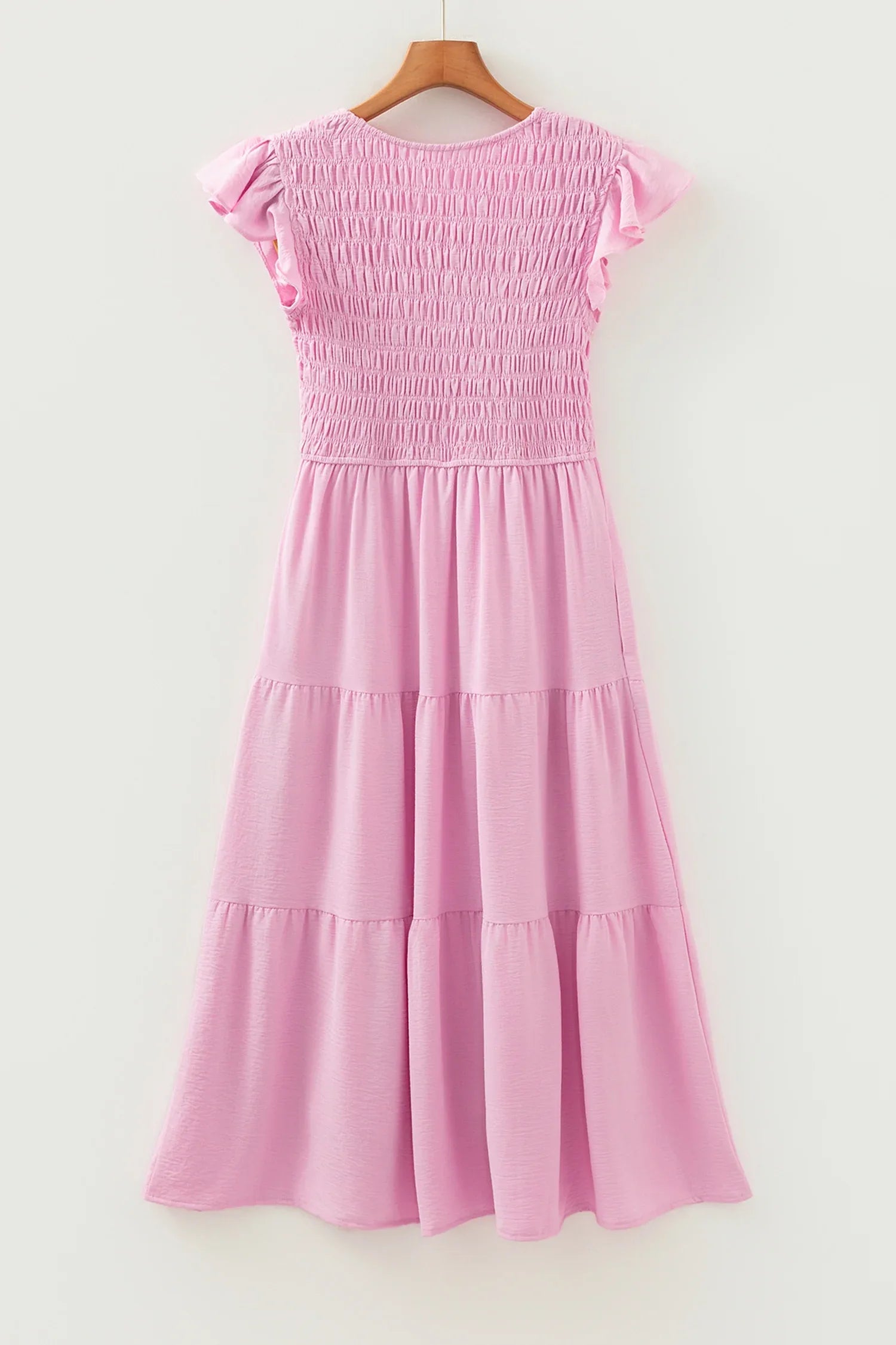 Pink Smocked Bodice Flutter Sleeve Fit Flare Tiered Midi Dress - MarkoFit