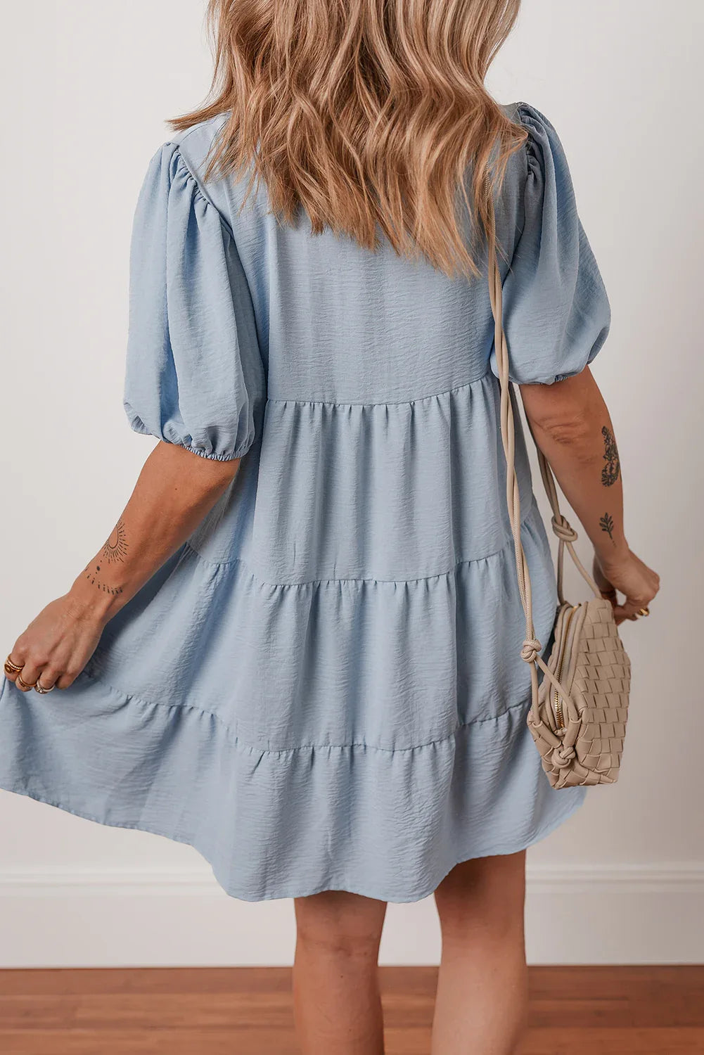 Beau Blue Shirt Collar Button Up Short Puff Sleeve Tiered Shift Dress - MarkoFit