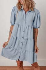 Beau Blue Shirt Collar Button Up Short Puff Sleeve Tiered Shift Dress - MarkoFit