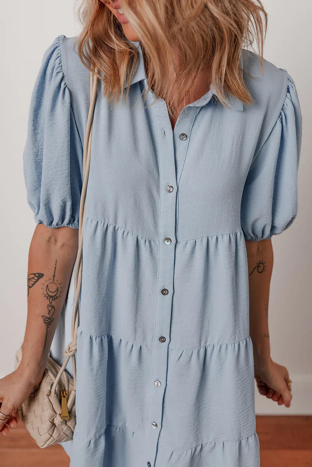 Beau Blue Shirt Collar Button Up Short Puff Sleeve Tiered Shift Dress - MarkoFit