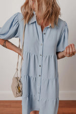 Beau Blue Shirt Collar Button Up Short Puff Sleeve Tiered Shift Dress - MarkoFit