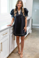 Black Leopard Trim Notched Neck Short Puff Sleeve Shift Mini Dress - MarkoFit