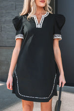 Black Leopard Trim Notched Neck Short Puff Sleeve Shift Mini Dress - MarkoFit