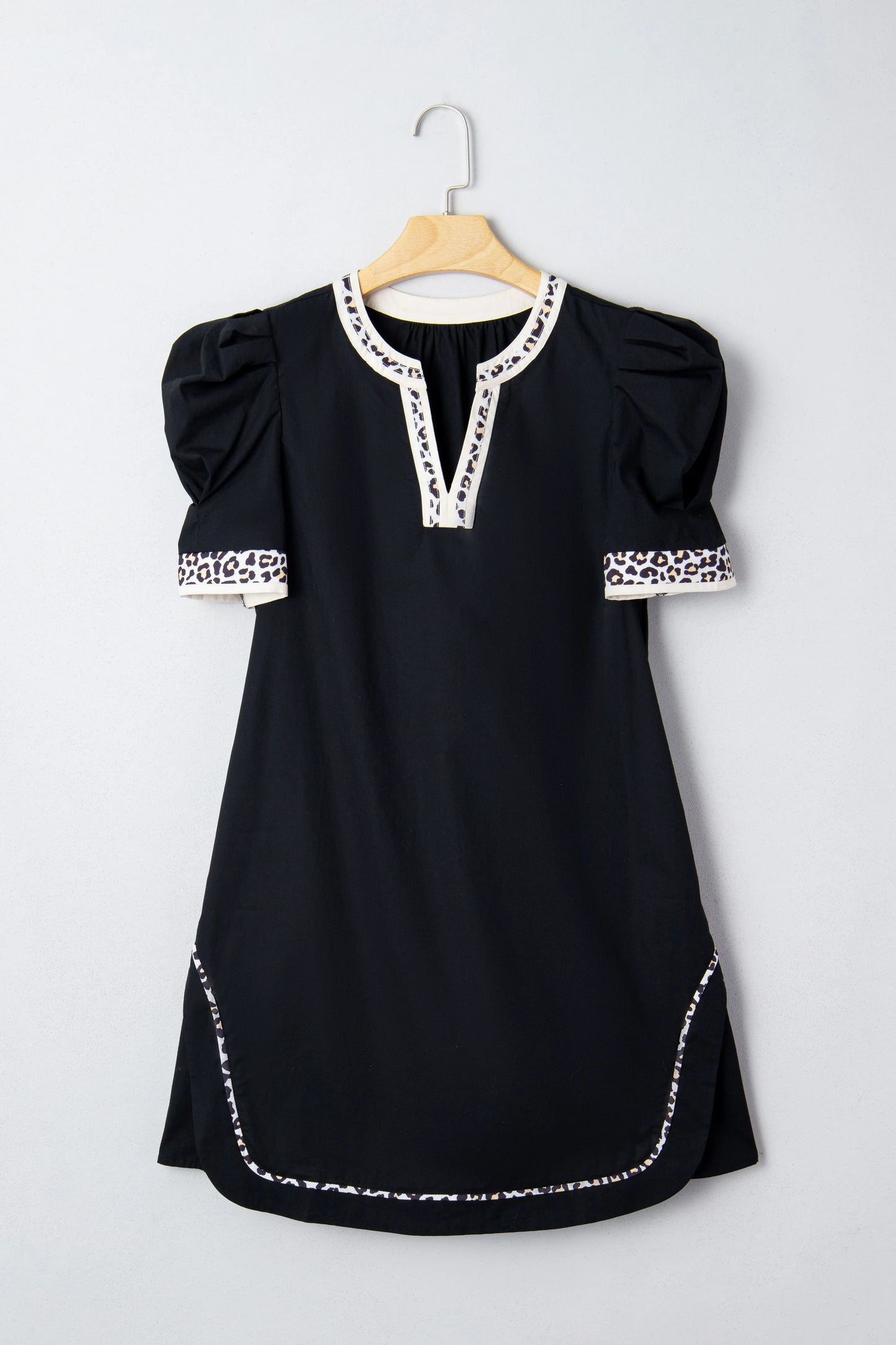 Black Leopard Trim Notched Neck Short Puff Sleeve Shift Mini Dress - MarkoFit