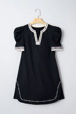 Black Leopard Trim Notched Neck Short Puff Sleeve Shift Mini Dress - MarkoFit
