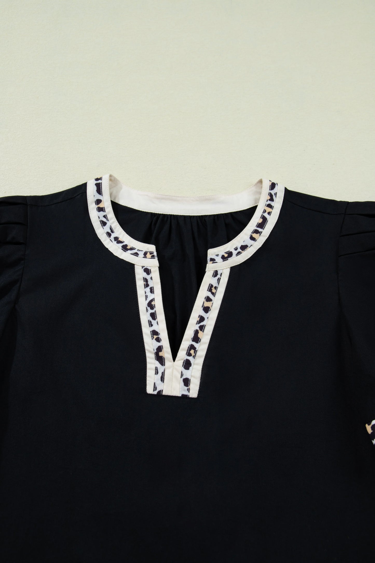 Black Leopard Trim Notched Neck Short Puff Sleeve Shift Mini Dress - MarkoFit