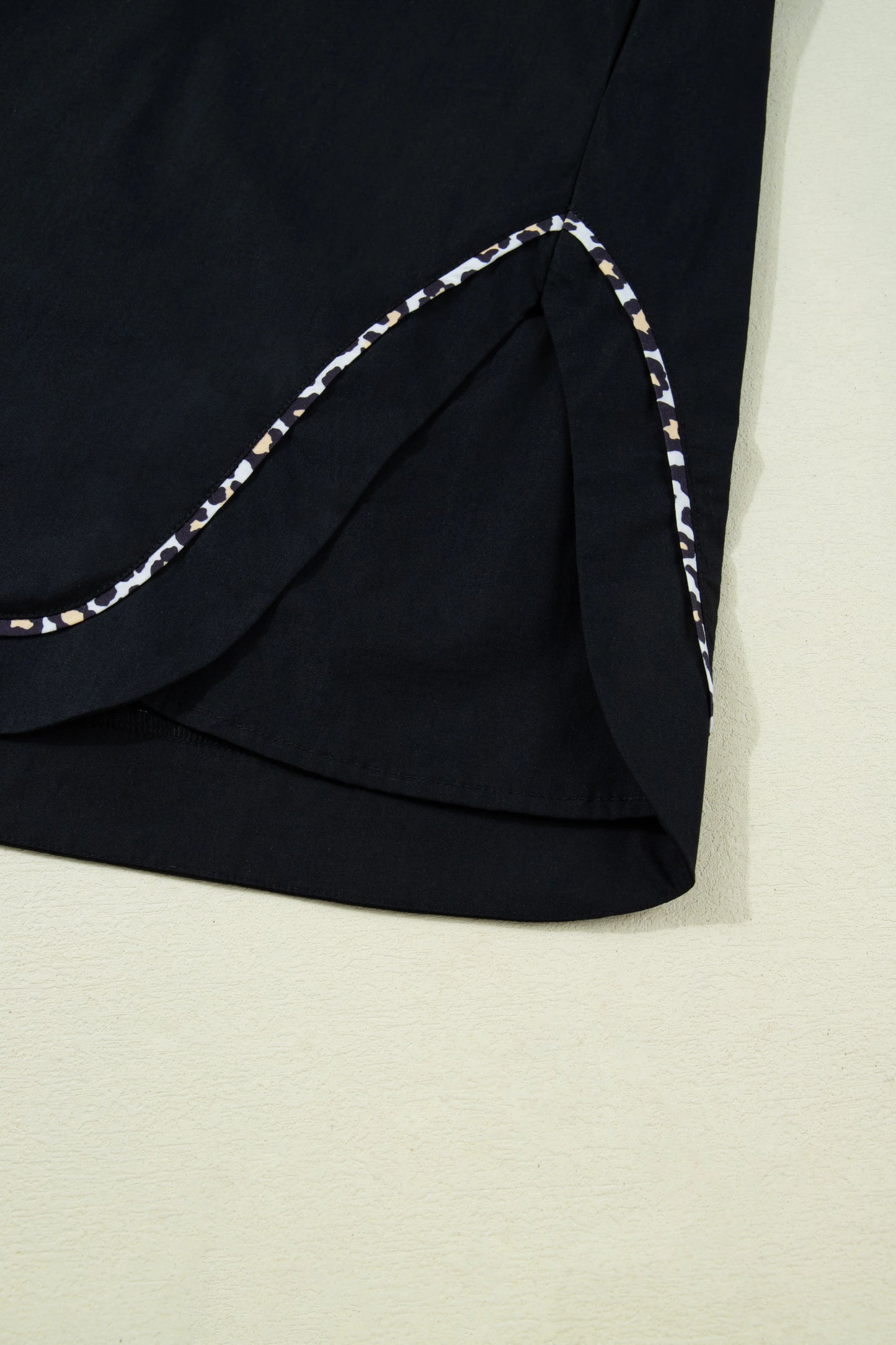 Black Leopard Trim Notched Neck Short Puff Sleeve Shift Mini Dress - MarkoFit