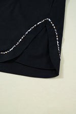 Black Leopard Trim Notched Neck Short Puff Sleeve Shift Mini Dress - MarkoFit