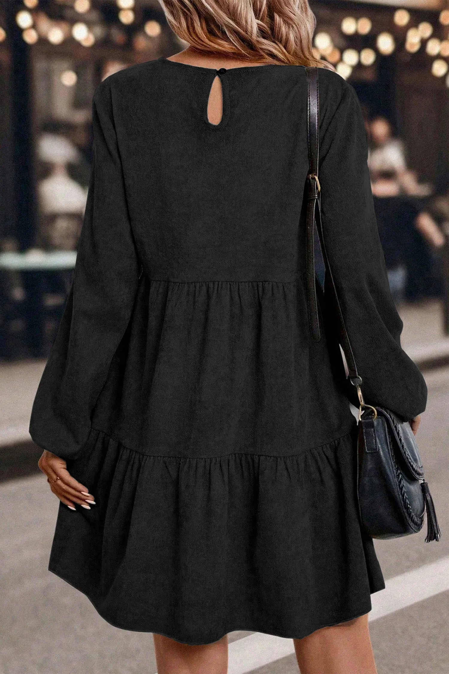 Black Lantern Sleeve Tiered Mini Dress - MarkoFit