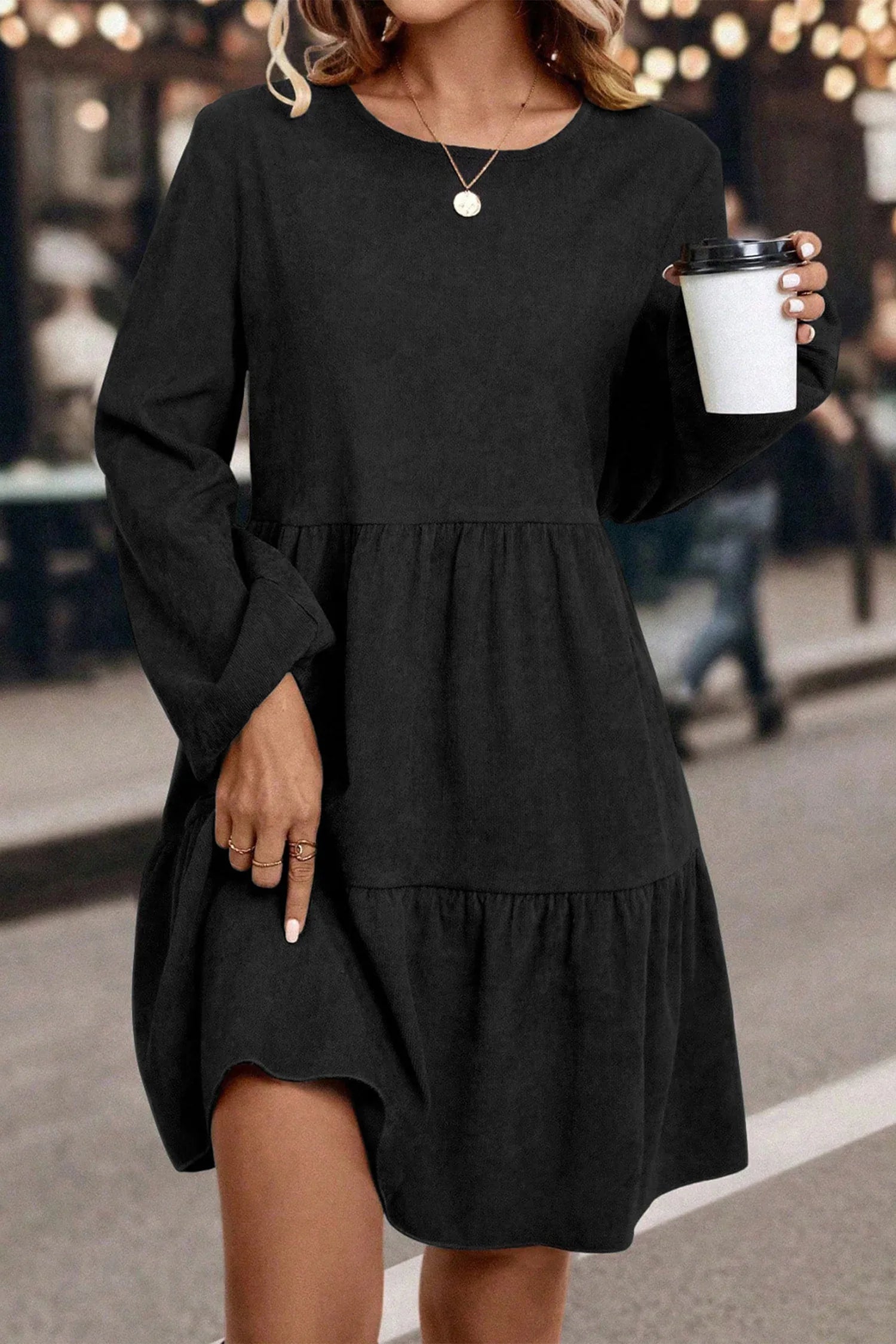 Black Lantern Sleeve Tiered Mini Dress - MarkoFit