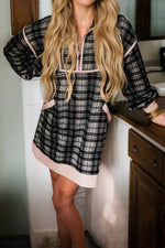 Black Plaid Polo Collar Zip up Contrast Trim Shift Long Sleeve Mini Dress - MarkoFit