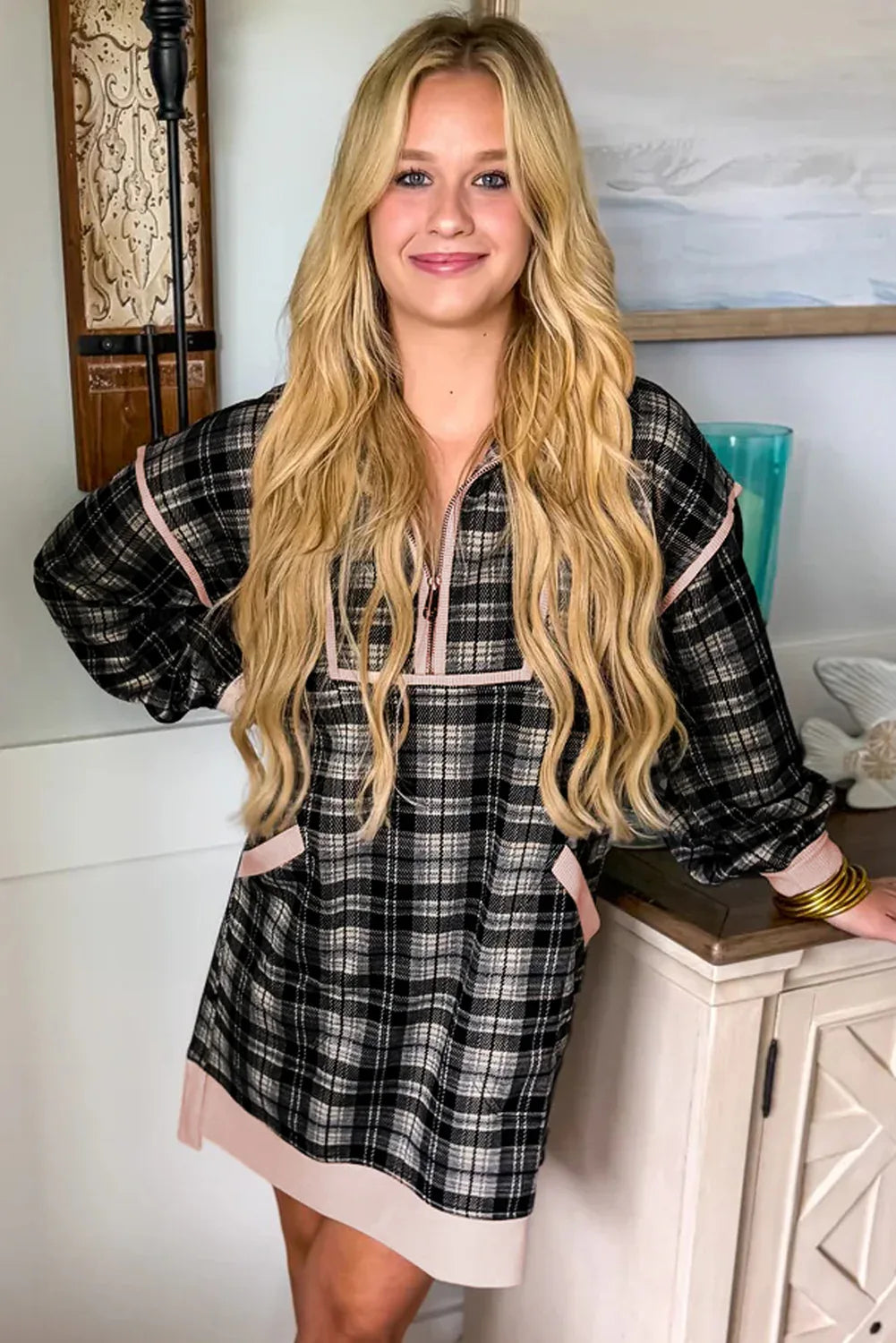 Black Plaid Polo Collar Zip up Contrast Trim Shift Long Sleeve Mini Dress - MarkoFit